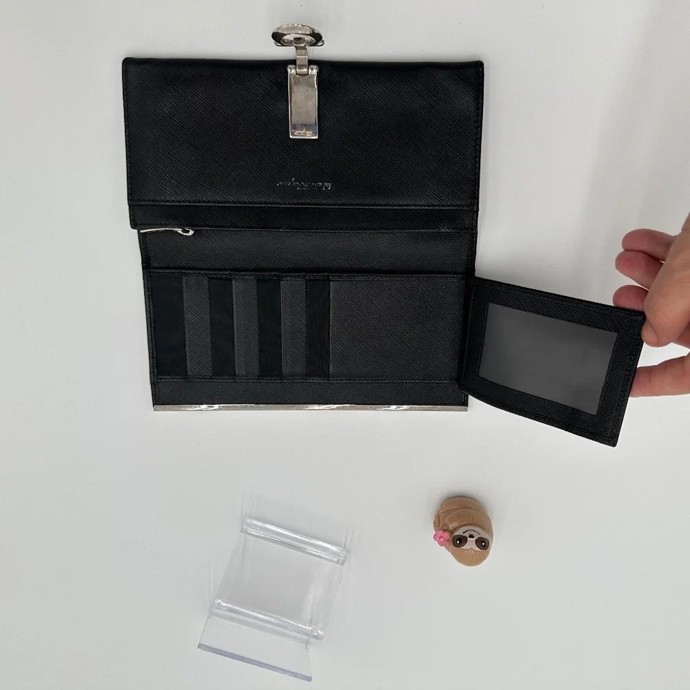 Black Women's Saffiano Leather Clutch Wallet with Silver Tone Hardware